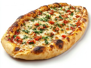 Savory flatbread topped with fresh tomatoes and herbs served in a rustic style