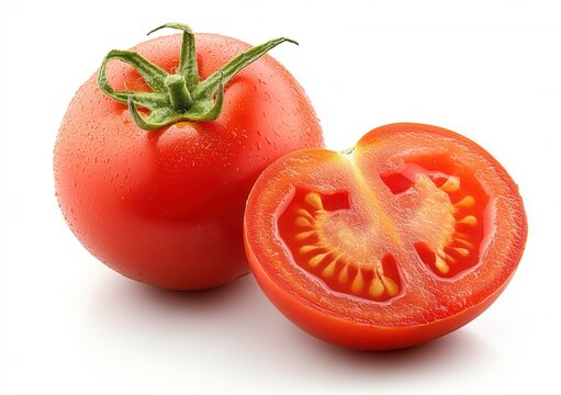 Fresh ripe tomato sliced in half revealing juicy inside with seeds and green stem on white background