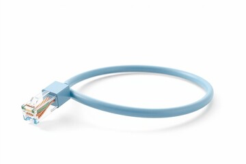 Fototapeta premium 3D render of LAN internet cable in modern server room with white background, ideal for tech visuals. 