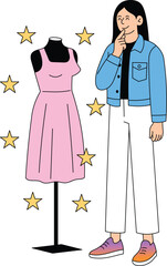 Woman Admiring Pink Dress on Mannequi