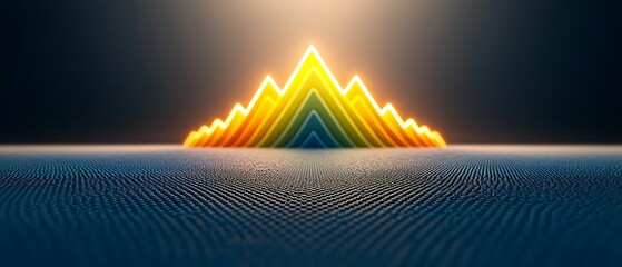 Luminous mountain range on textured plain surface under a glowing sky