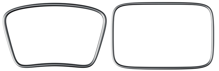 Fototapeta premium Metallic chrome rectangular frames are arranged side by side, featuring a sleek, 3D rendered design. The empty area in the middle invites creativity, offering a minimalist aesthetic