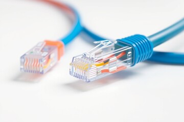 3D render of LAN internet cable in modern server room with white background, ideal for tech visuals.
