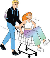 Happy Young Couple Playing with Shopping Trolley. Vector Illustration