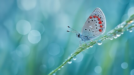The butterfly is perched on the edge of the green grass, with water droplets hanging from its wings and delicate red dots on each wing. The background features soft shades of blue to create an elegant