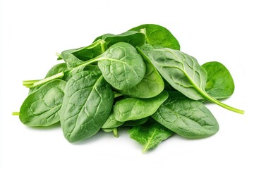 Fototapeta premium Fresh spinach leaves arranged neatly on a white background for healthy meal preparations and recipes
