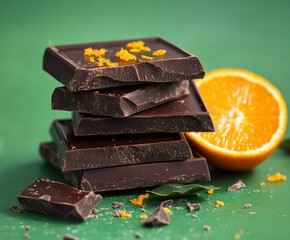 Dark chocolate pieces stacked, orange zest and a slice of orange.  Dark squares of delicious chocolate, with orange zest flakes, atop a vibrant green surface