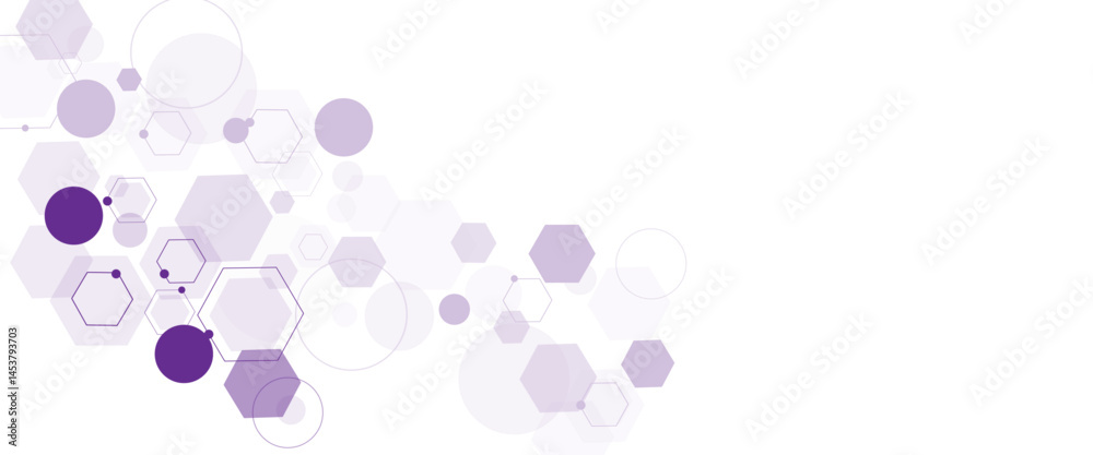 Poster Vector geometric abstract background with purple hexagons. Computer network concept. Medical, technology or science design