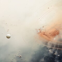 Fototapeta premium Ethereal cosmic landscape showcasing a solitary planet surrounded by an abstract display of dust and gas within a serene, mysterious universe