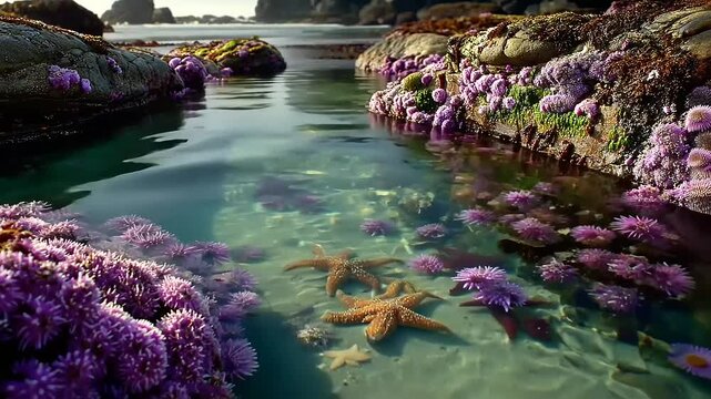 Colorful tide pool with starfish and sea anemones