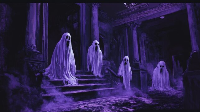 Four spectral figures on a purple mansion staircase.