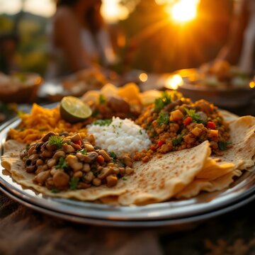 A traditional Ethiopian platter featuring injera, mushroom stew, Azifa brown lentil salad, and colorful spices, presented on a silver platter during a festive outdoor celebration at sunset.
