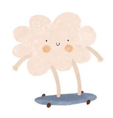 Cute Fluffy Cloud Riding A Skateboard. Childish Drawing-like Vector Illustration Of Happy Cloud Skateboarding. Nursery Art With Light Beige Kawaii Cloud On A White Background. Kids Room Decoration.