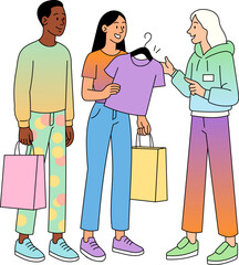 Group of Friends Shopping and Discussing Clothes. Vector Illustration