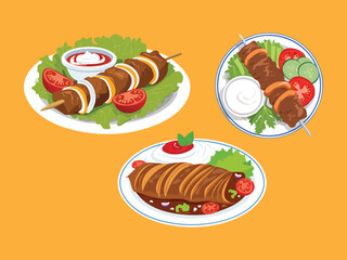 vector illustration of a turkish food İskender Kebab (Lamb Doner Served with Tomato Sauce and Yogurt)