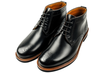 Elegant black leather brogue boots detailed stitching and rich brown sole against a stark on transparent background