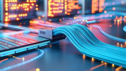 Close-Up of Blue Internet Cable Connected to Two Computers with Network Switch in Background