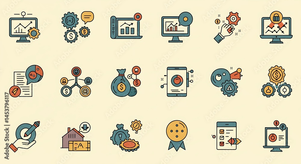 Fototapete a precise grid of ultra-smooth thin line art icons depicting business and technology concepts. each 