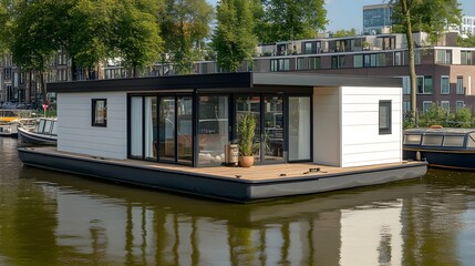 Modern houseboat moored on tranquil canal waterway.