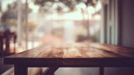 Rustic wooden table with blurred outdoor cafe background at sunset
