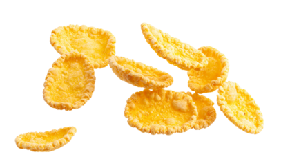 crispy, golden oval snacks falling in the air isolated on transparent background