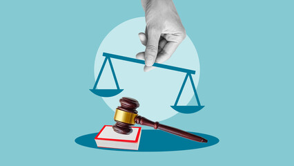 Concept of justice and law is shown by Collage with hand holding scales and court gavel. Law...