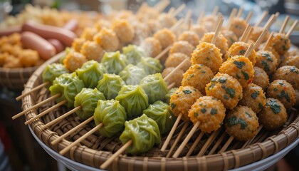 Street Food Delights: An array of flavorful skewers showcasing Asia's culinary culture