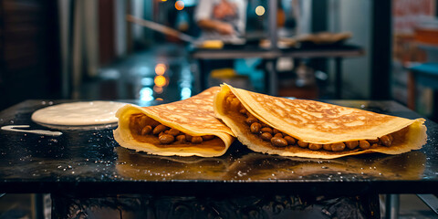 Malaysian apam balik, crispy peanut-filled pancake folded in half 