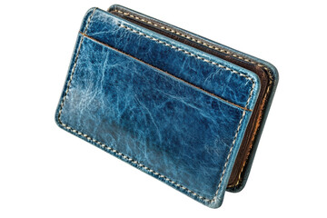 Exquisite handcrafted blue leather cardholder showcasing rich texture and precise stitching on transparent background