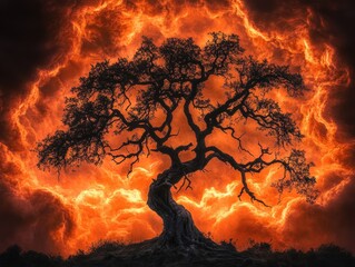 A silhouetted tree stands dramatically against a fiery, swirling orange and red sky, evoking a sense of power and intensity