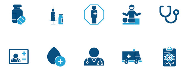 Healthcare and Medical Icon Set Doctor, Ambulance, Medicine, Syringe, Emergency, Stethoscope, Hospital Services, and Patient Care Symbols