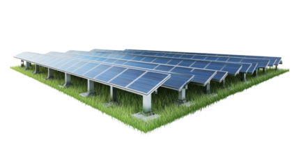 Solar panel array on green grass field.