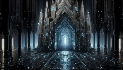 Futuristic cathedral carved entirely from artificial intelligence circuitry, glowing in the dark