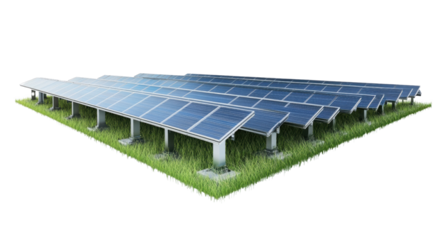 Solar panel array on green grass field.