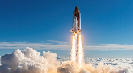 Fototapeta premium Space exploration concept with rocket launch above clouds on a clear day