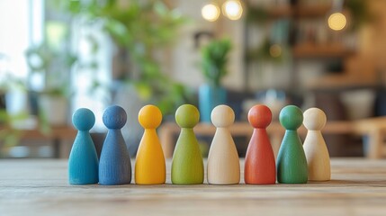 Colorful wooden peg people in a row on tabletop background team toys game play life shot unity group