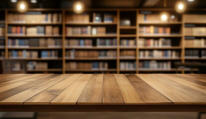 Wooden table top in front of a blurred library with bookshelves