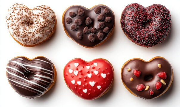 Heart-shaped donuts decorated with chocolate and toppings arranged on a white background for a sweet celebration