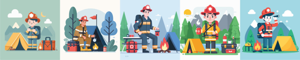 vector set of camping firefighters