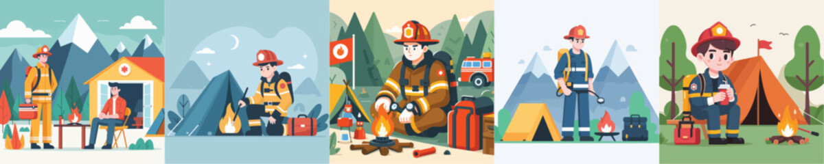 vector set of camping firefighters
