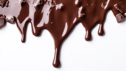 Warm melted chocolate flowing from a surface with chocolate chunks on a clean white background