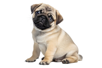 Obraz premium Adorable pug puppy sitting isolated on black background with curious expression