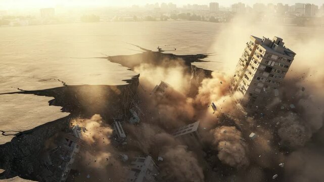 A tall building collapses into a sinkhole, stirring dust clouds as the ground shifts at sunset