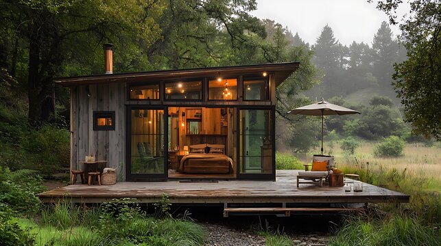 Cozy wooden tiny home forest high resolution picture
