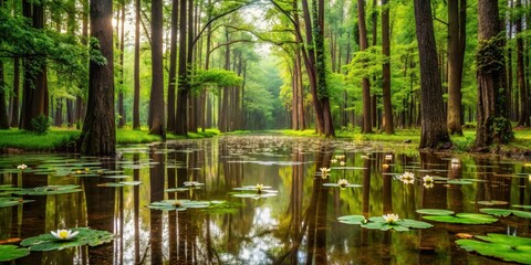 Fototapeta premium Muddy puddle on a forest floor covered in water lilies and surrounded by tall trees, greenery, trees, greenery