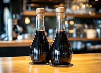 Glass Bottle Liquid on Wooden Table