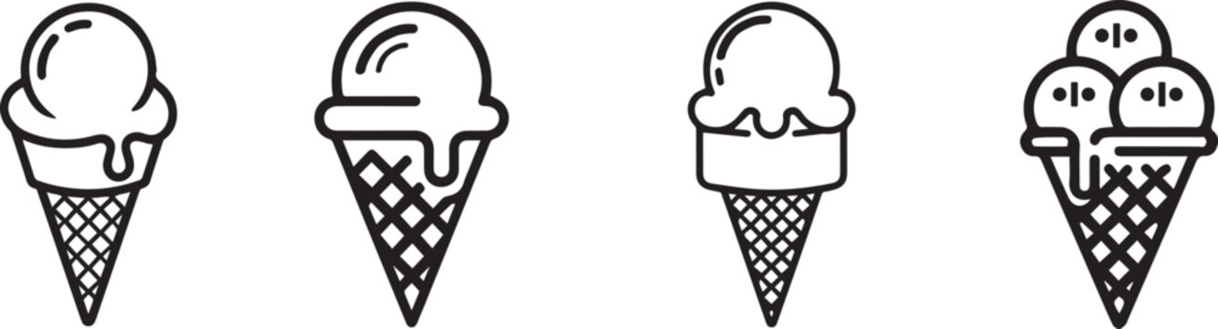 Black and white vector template featuring various ice cream illustrations including cones scoops and popsicles in a clean modern and graphic dessert themed layout