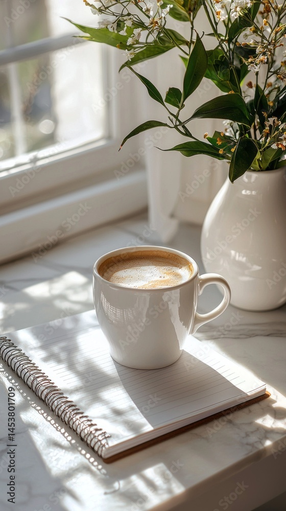 Poster a steaming cup of coffee sits on a notepad on a windowsill. natural light highlights the delicate fl