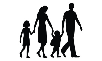 Walking Family Silhouette – Parents and Children Holding Hands Vector Illustration