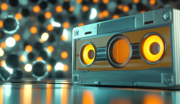 3D render of a cassette tape with neon colors, glowing light effects, retro elements, and vibrant palette - Powered by Adobe